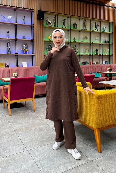 Kapşonlu Yandat Çıtçıtlı Sade Basic Uzun Tunik ve Pantolon İkili Spor Takım - 03071.028 - Kahverengi - 11