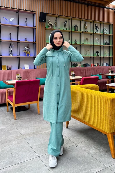 Kapşonlu Düğmeli Sade Basic Uzun Tunik ve Pantolon İkili Spor Takım - 03072.100 - Çağla Yeşili - Resim 10