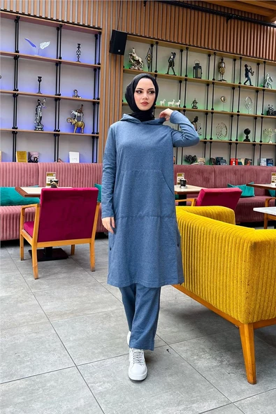 Kapşonlu Yandat Çıtçıtlı Sade Basic Uzun Tunik ve Pantolon İkili Spor Takım - 03071.006 - İndigo - 4