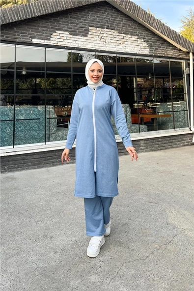 Bisiklet Yaka Fermuarlı Uzun Tunik Sade Basic Spor Takımı - 03044.006 - İndigo - 6