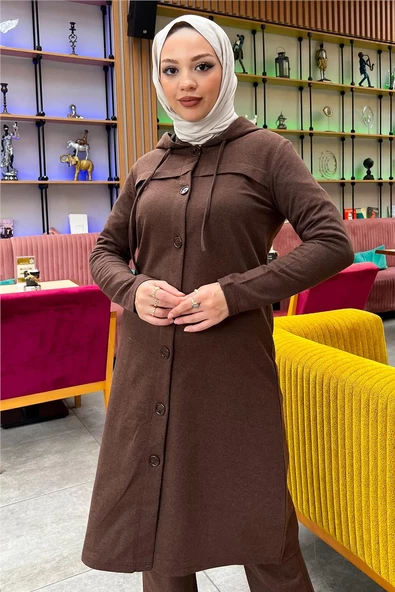 Kapşonlu Düğmeli Sade Basic Uzun Tunik ve Pantolon İkili Spor Takım - 03072.028 - Kahverengi - Resim 11