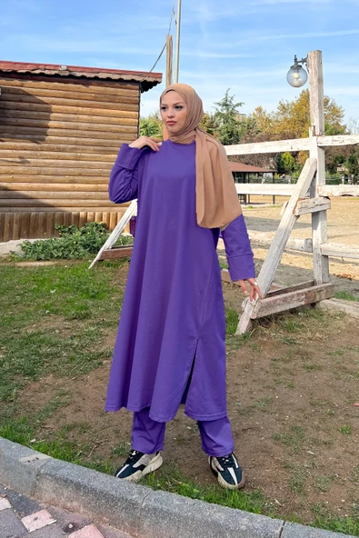 O Yaka Yırtmançlı Uzun Geniş Rahat Tunik Pantolon Sade Basic Spor Takımı - 03040.207 - Koyu Lila - 5
