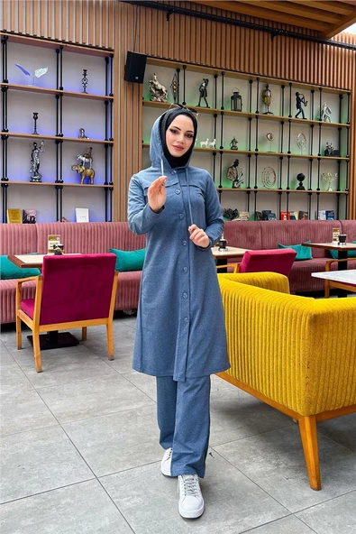 Kapşonlu Düğmeli Sade Basic Uzun Tunik ve Pantolon İkili Spor Takım - 03072.006 - İndigo - Resim 11