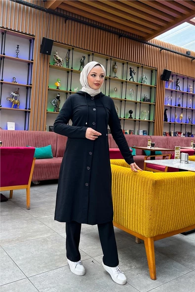Kapşonlu Düğmeli Sade Basic Uzun Tunik ve Pantolon İkili Spor Takım - 03072.003 - Siyah - 6