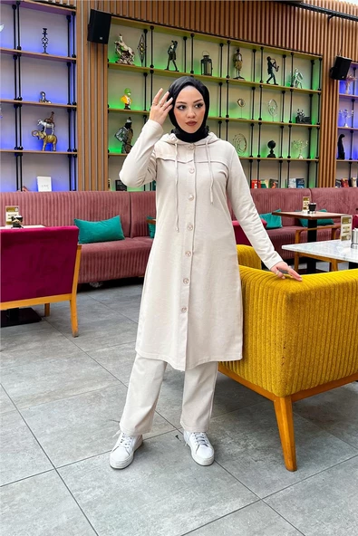 Kapşonlu Düğmeli Sade Basic Uzun Tunik ve Pantolon İkili Spor Takım - 03072.027 - Ekru - Resim 5