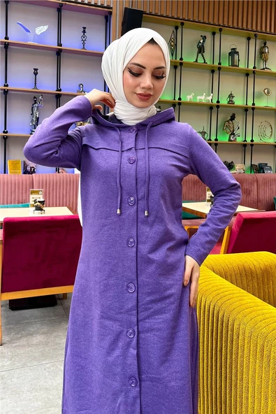 Kapşonlu Düğmeli Sade Basic Uzun Tunik ve Pantolon İkili Spor Takım - 03072.207 - Koyu Lila - 8