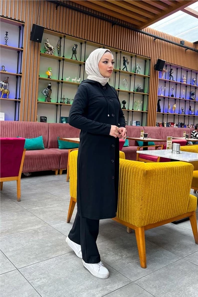 Kapşonlu Düğmeli Sade Basic Uzun Tunik ve Pantolon İkili Spor Takım - 03072.003 - Siyah - 3