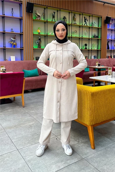 Kapşonlu Düğmeli Sade Basic Uzun Tunik ve Pantolon İkili Spor Takım - 03072.027 - Ekru - Resim 2