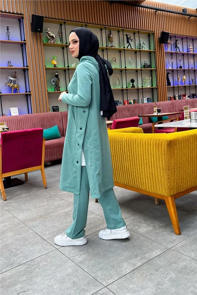 Kapşonlu Yandat Çıtçıtlı Sade Basic Uzun Tunik ve Pantolon İkili Spor Takım - 03071.100 - Çağla Yeşili - Resim 7
