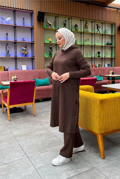 Kapşonlu Yandat Çıtçıtlı Sade Basic Uzun Tunik ve Pantolon İkili Spor Takım - 03071.028 - Kahverengi - 10