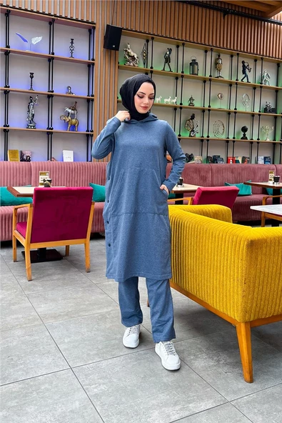Kapşonlu Yandat Çıtçıtlı Sade Basic Uzun Tunik ve Pantolon İkili Spor Takım - 03071.006 - İndigo - 2
