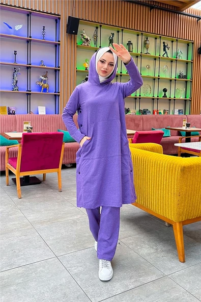 Kapşonlu Yandat Çıtçıtlı Sade Basic Uzun Tunik ve Pantolon İkili Spor Takım - 03071.207 - Koyu Lila - 9