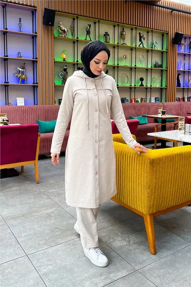 Kapşonlu Düğmeli Sade Basic Uzun Tunik ve Pantolon İkili Spor Takım - 03072.027 - Ekru - Resim 7