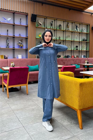 Kapşonlu Düğmeli Sade Basic Uzun Tunik ve Pantolon İkili Spor Takım - 03072.006 - İndigo - Resim 6