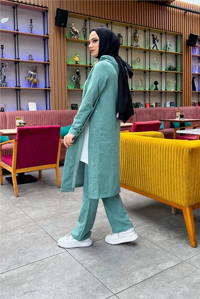 Kapşonlu Yandat Çıtçıtlı Sade Basic Uzun Tunik ve Pantolon İkili Spor Takım - 03071.100 - Çağla Yeşili - Resim 8