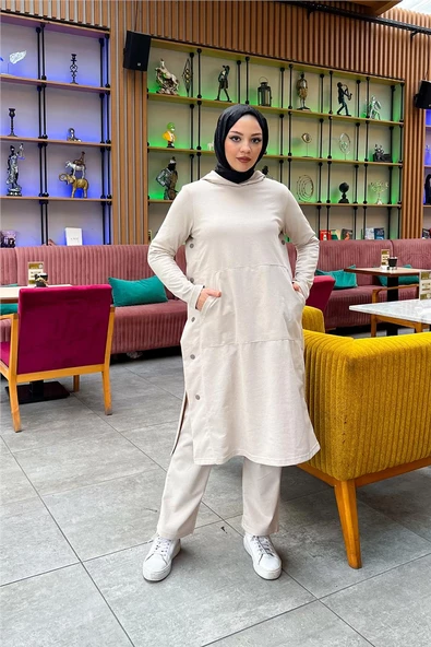 Kapşonlu Yandat Çıtçıtlı Sade Basic Uzun Tunik ve Pantolon İkili Spor Takım - 03071.027 - Ekru - 11
