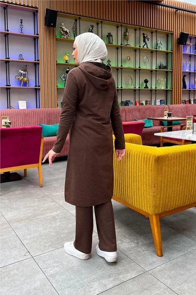 Kapşonlu Düğmeli Sade Basic Uzun Tunik ve Pantolon İkili Spor Takım - 03072.028 - Kahverengi - Resim 9