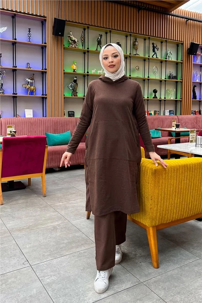 Kapşonlu Yandat Çıtçıtlı Sade Basic Uzun Tunik ve Pantolon İkili Spor Takım - 03071.028 - Kahverengi - 6