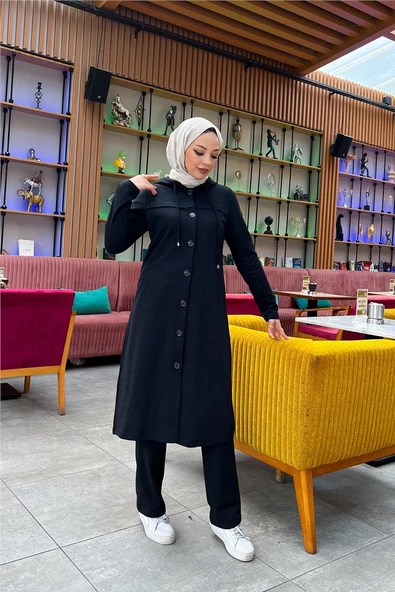 Kapşonlu Düğmeli Sade Basic Uzun Tunik ve Pantolon İkili Spor Takım - 03072.003 - Siyah - 7