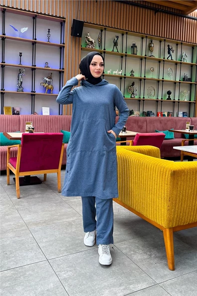 Kapşonlu Yandat Çıtçıtlı Sade Basic Uzun Tunik ve Pantolon İkili Spor Takım - 03071.006 - İndigo - 9