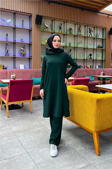 Kapşonlu Yandat Çıtçıtlı Sade Basic Uzun Tunik ve Pantolon İkili Spor Takım - 03071.021 - Nefti - 4