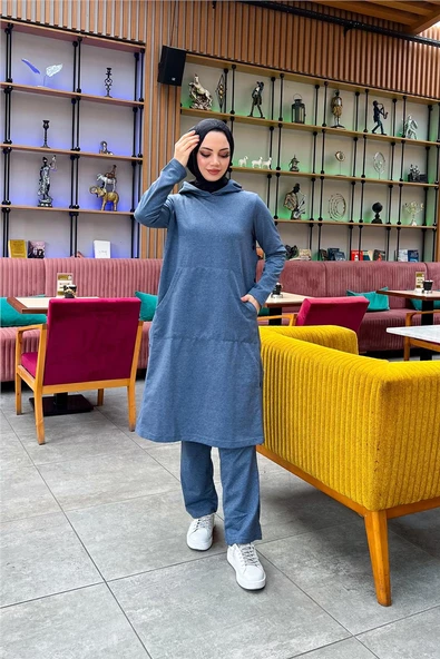 Kapşonlu Yandat Çıtçıtlı Sade Basic Uzun Tunik ve Pantolon İkili Spor Takım - 03071.006 - İndigo - 3