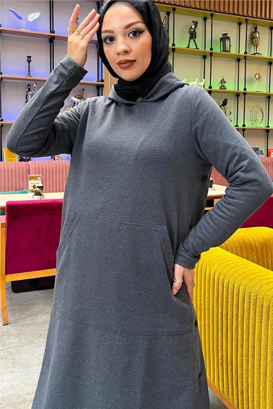 Kapşonlu Yandat Çıtçıtlı Sade Basic Uzun Tunik ve Pantolon İkili Spor Takım - 03071.017 - Antrasit - Resim 10