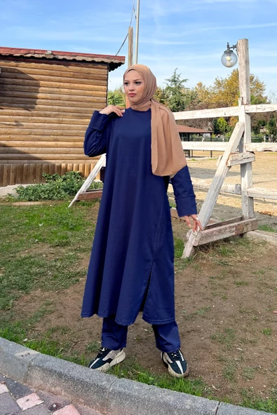 O Yaka Yırtmançlı Uzun Geniş Rahat Tunik Pantolon Sade Basic Spor Takımı - 03040.006 - İndigo - 3