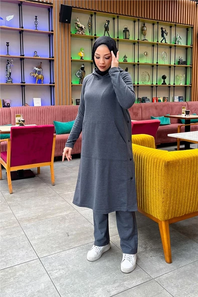 Kapşonlu Yandat Çıtçıtlı Sade Basic Uzun Tunik ve Pantolon İkili Spor Takım - 03071.017 - Antrasit - Resim 7