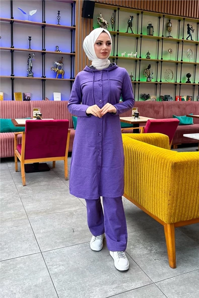 Kapşonlu Düğmeli Sade Basic Uzun Tunik ve Pantolon İkili Spor Takım - 03072.207 - Koyu Lila