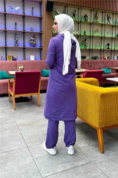 Kapşonlu Düğmeli Sade Basic Uzun Tunik ve Pantolon İkili Spor Takım - 03072.207 - Koyu Lila - 7