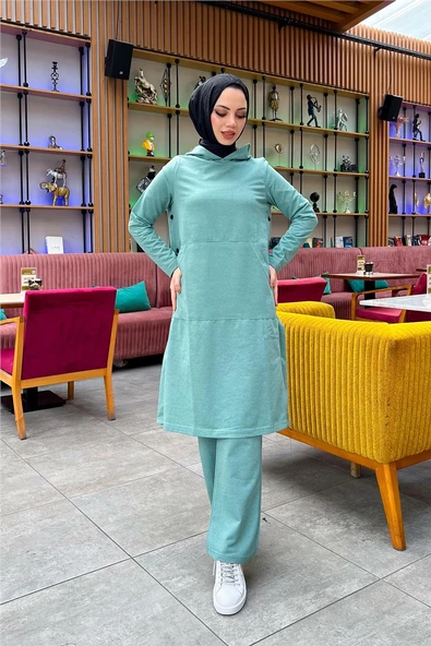 Kapşonlu Yandat Çıtçıtlı Sade Basic Uzun Tunik ve Pantolon İkili Spor Takım - 03071.100 - Çağla Yeşili - Resim 3