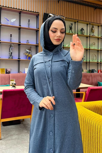 Kapşonlu Düğmeli Sade Basic Uzun Tunik ve Pantolon İkili Spor Takım - 03072.006 - İndigo - Resim 12