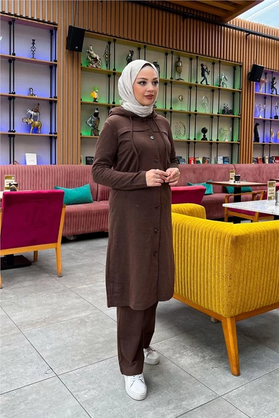 Kapşonlu Düğmeli Sade Basic Uzun Tunik ve Pantolon İkili Spor Takım - 03072.028 - Kahverengi - Resim 7