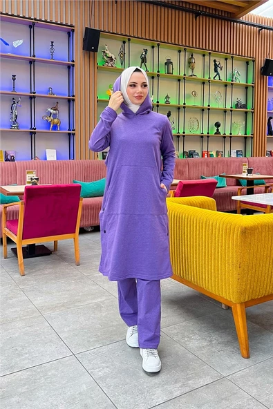 Kapşonlu Yandat Çıtçıtlı Sade Basic Uzun Tunik ve Pantolon İkili Spor Takım - 03071.207 - Koyu Lila - 8
