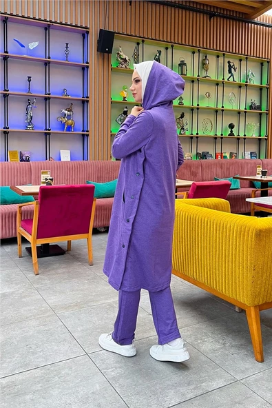 Kapşonlu Yandat Çıtçıtlı Sade Basic Uzun Tunik ve Pantolon İkili Spor Takım - 03071.207 - Koyu Lila - 10