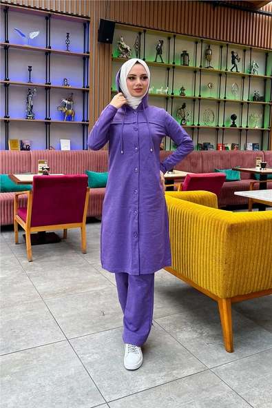 Kapşonlu Düğmeli Sade Basic Uzun Tunik ve Pantolon İkili Spor Takım - 03072.207 - Koyu Lila - 11