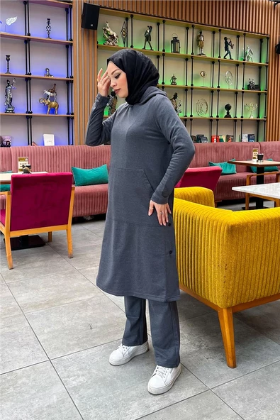 Kapşonlu Yandat Çıtçıtlı Sade Basic Uzun Tunik ve Pantolon İkili Spor Takım - 03071.017 - Antrasit - Resim 5