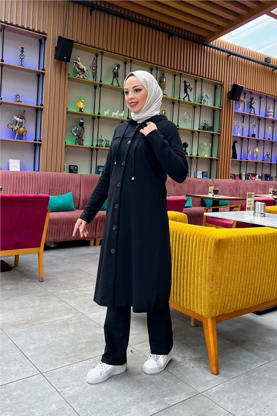 Kapşonlu Düğmeli Sade Basic Uzun Tunik ve Pantolon İkili Spor Takım - 03072.003 - Siyah - 10