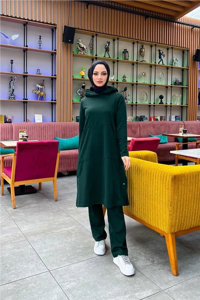 Kapşonlu Yandat Çıtçıtlı Sade Basic Uzun Tunik ve Pantolon İkili Spor Takım - 03071.021 - Nefti - 7