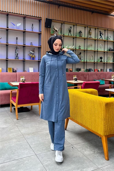 Kapşonlu Düğmeli Sade Basic Uzun Tunik ve Pantolon İkili Spor Takım - 03072.006 - İndigo - Resim 2