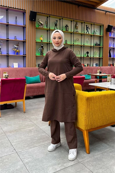 Kapşonlu Yandat Çıtçıtlı Sade Basic Uzun Tunik ve Pantolon İkili Spor Takım - 03071.028 - Kahverengi - 5