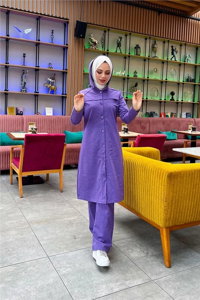 Kapşonlu Düğmeli Sade Basic Uzun Tunik ve Pantolon İkili Spor Takım - 03072.207 - Koyu Lila - 9