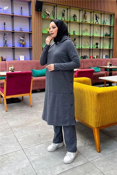 Kapşonlu Yandat Çıtçıtlı Sade Basic Uzun Tunik ve Pantolon İkili Spor Takım - 03071.017 - Antrasit - Resim 6