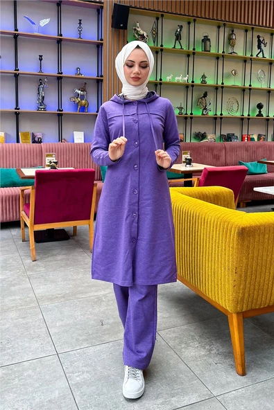 Kapşonlu Düğmeli Sade Basic Uzun Tunik ve Pantolon İkili Spor Takım - 03072.207 - Koyu Lila - 4