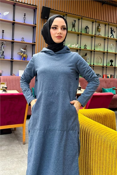 Kapşonlu Yandat Çıtçıtlı Sade Basic Uzun Tunik ve Pantolon İkili Spor Takım - 03071.006 - İndigo - 12