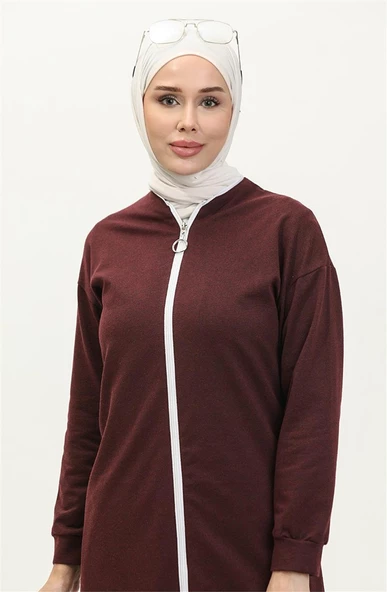 Bisiklet Yaka Fermuarlı Uzun Tunik Sade Basic Spor Takımı - 03044.009 - Bordo - Resim 3