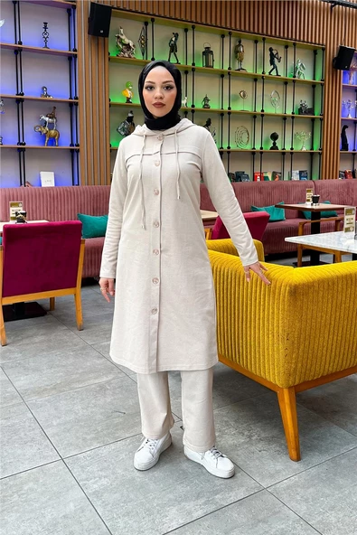 Kapşonlu Düğmeli Sade Basic Uzun Tunik ve Pantolon İkili Spor Takım - 03072.027 - Ekru - Resim 9