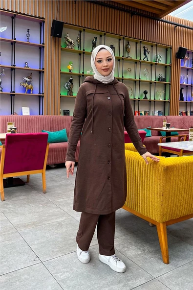 Kapşonlu Düğmeli Sade Basic Uzun Tunik ve Pantolon İkili Spor Takım - 03072.028 - Kahverengi - Resim 3