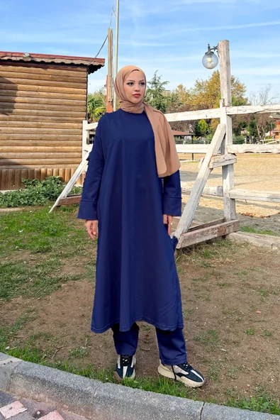 O Yaka Yırtmançlı Uzun Geniş Rahat Tunik Pantolon Sade Basic Spor Takımı - 03040.006 - İndigo - 6